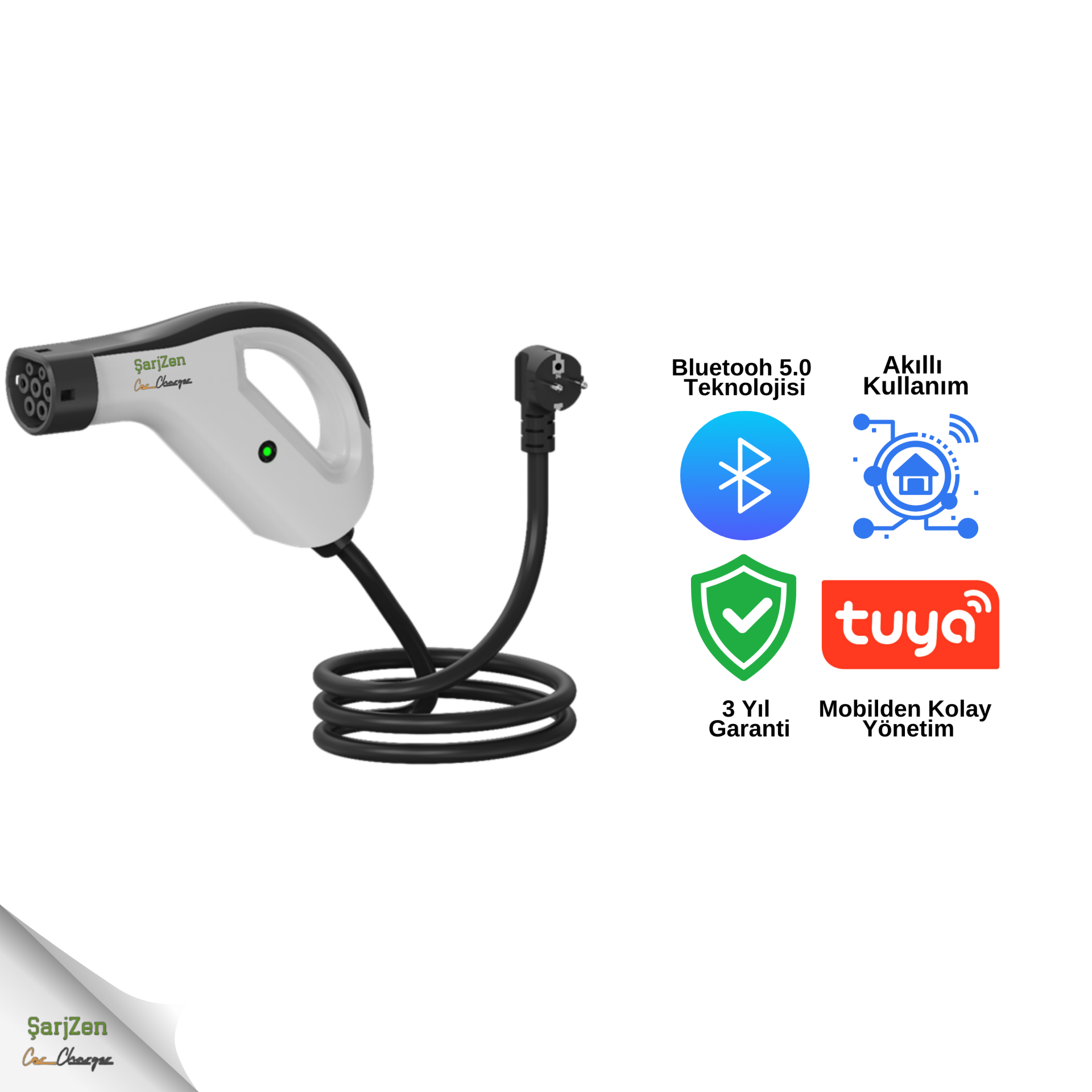 ŞarjZen Prime 3,5 KW Taşınabilir Araç Şarj Cihazı Beyaz (Wifi+Bluetooth Mobil Uygulama)