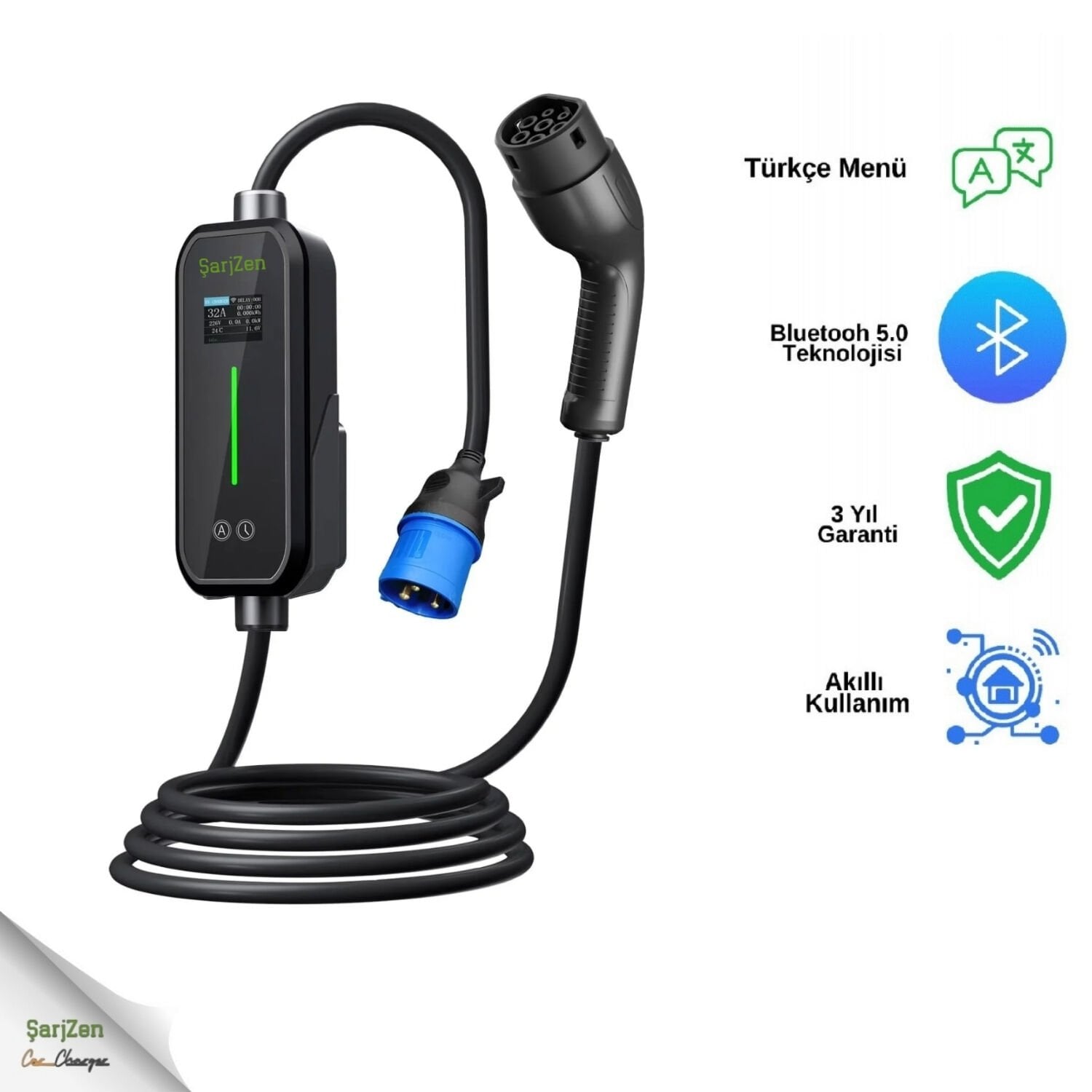 ŞarjZen Power Zen 2 - 7.4 kW  Taşınabilir Araç Şarj Cihazı (Wifi+Bluetooth+Mobil Uygulama)