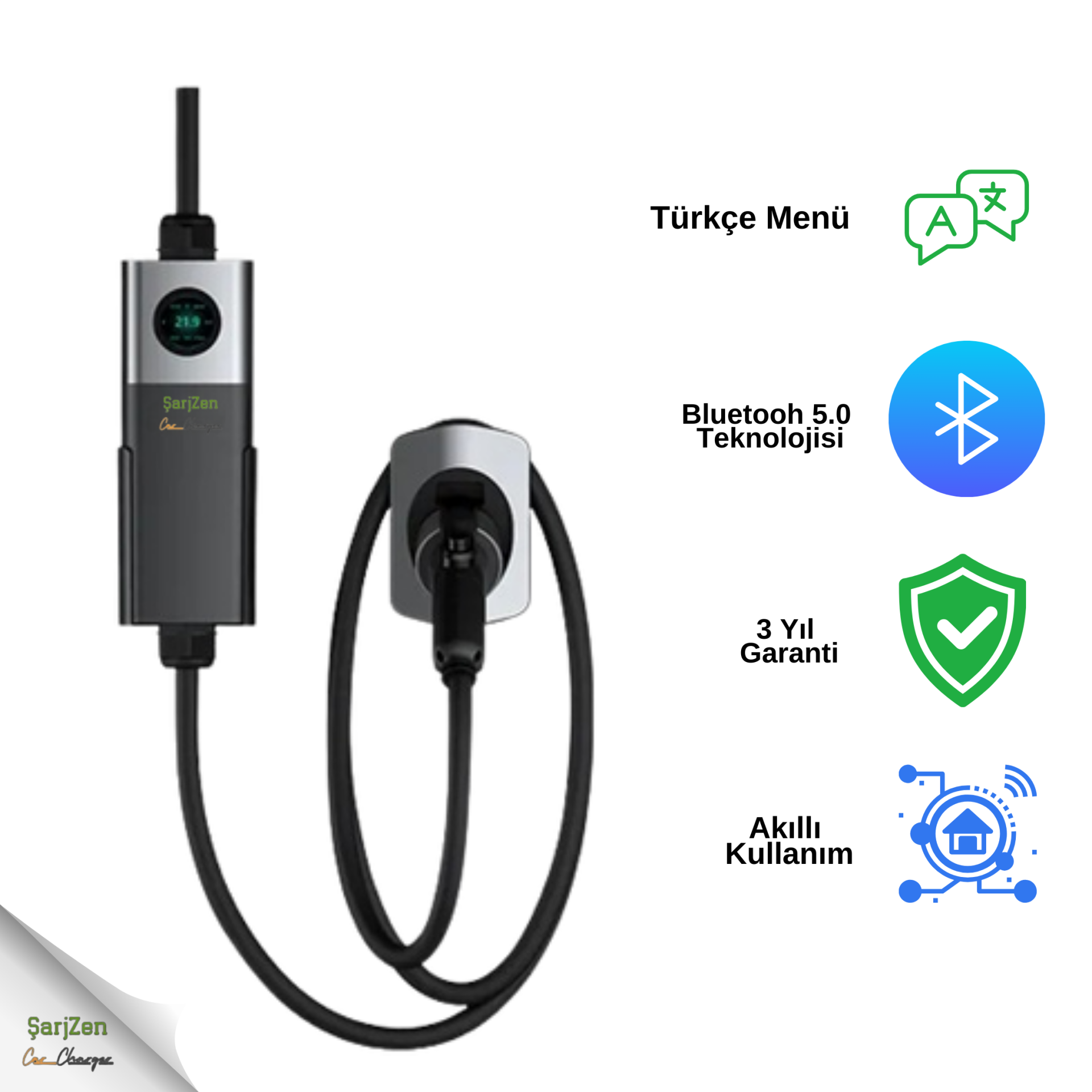 ŞarjZen Charge Max 3 - 22 kW Taşınabilir Araç Şarj Cihazı (Wifi+Bluetooth+Mobil Uygulama)